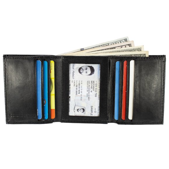 Men Trifold Wallet, Lambskin Leather Wallet Black - Picture 1 of 13
